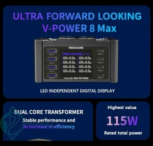MECHANIC V-POWER 8 Max Profesionální nabíjecí stanice 115 W s 8 porty a bezdrátovým nabíjením
