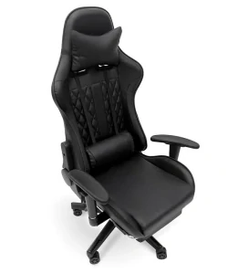 Prošívané kancelářeské křeslo masážní- herní židle s opěrkou na nohy černá