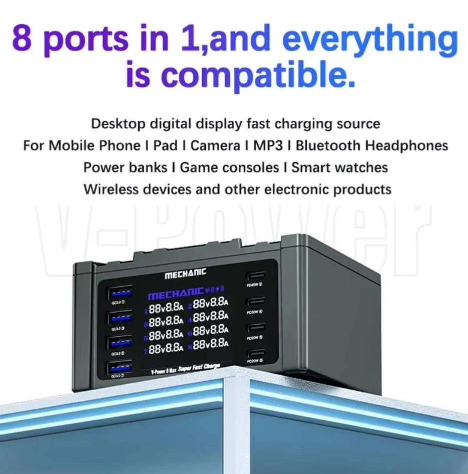 MECHANIC V-POWER 8 Max Profesionální nabíjecí stanice 115 W s 8 porty a bezdrátovým nabíjením
