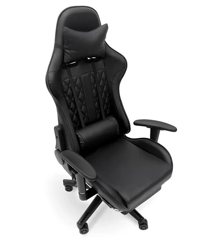 Prošívané kancelářeské křeslo masážní- herní židle s opěrkou na nohy černá