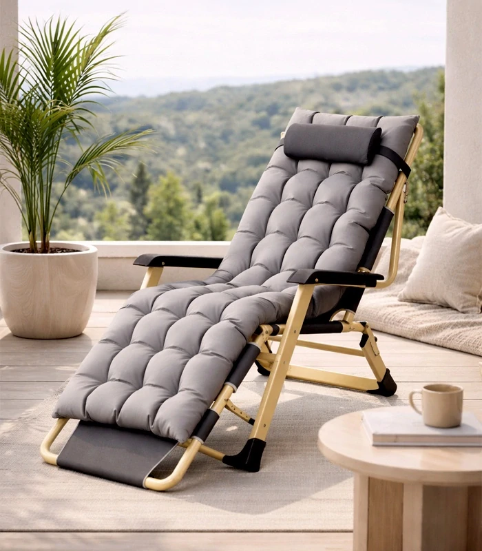 Zahradní skládací lehátko 155 cm gravitační komfortní zahradní relaxační křeslo šedé