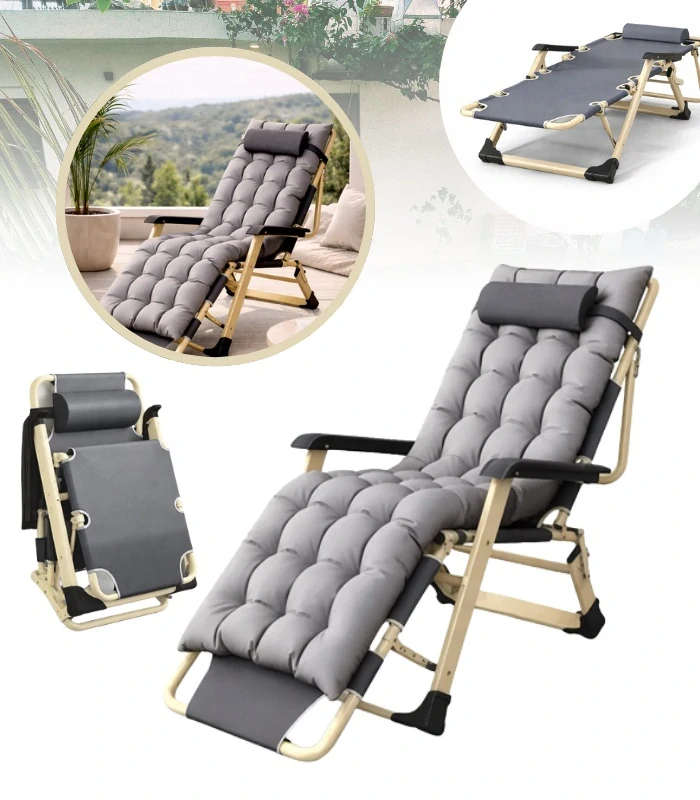 Zahradní skládací lehátko 155 cm gravitační komfortní zahradní relaxační křeslo šedé