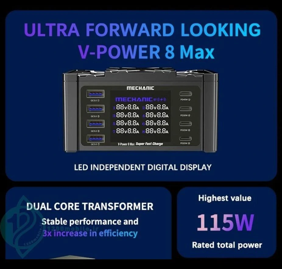 MECHANIC V-POWER 8 Max Profesionální nabíjecí stanice 115 W s 8 porty a bezdrátovým nabíjením