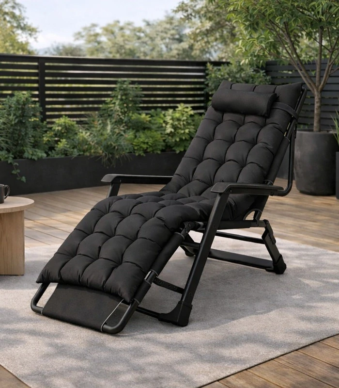 Zahradní skládací lehátko 155 cm gravitační komfortní zahradní relaxační křeslo černé