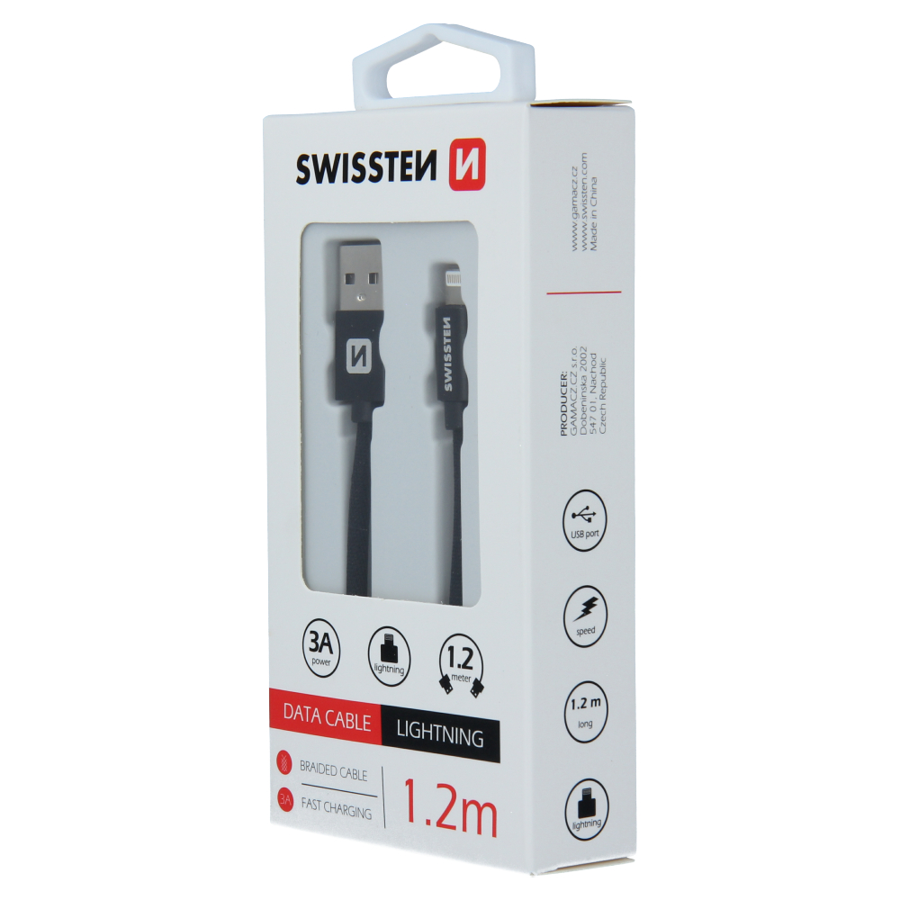 Swissten datový kabel USB lighting 1.2 m černý inteligentí s opletem