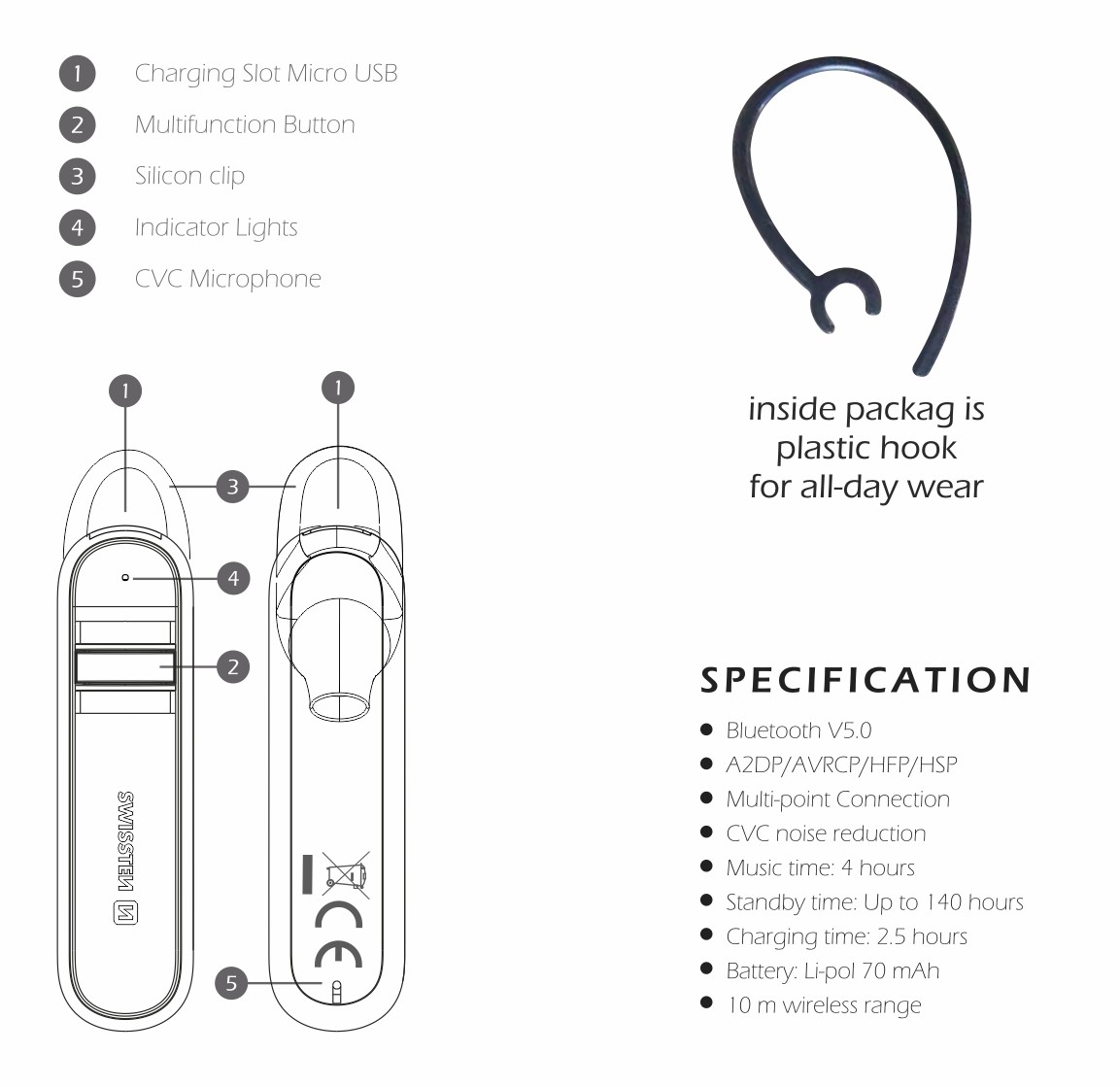 Swissten bluetooth headset sluchátko caller černé