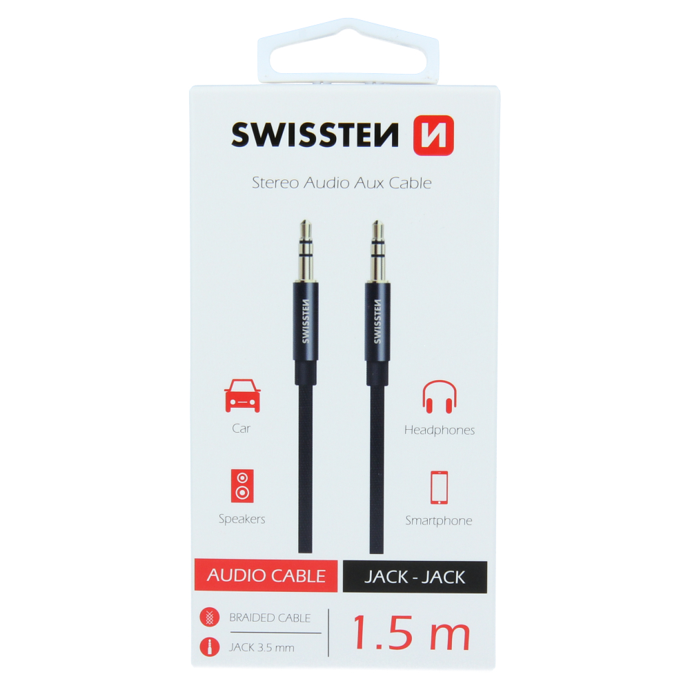 Swissten audiokabel 3,5 mm jack male - 3,5 mm jack male 1,5 M černý textilní