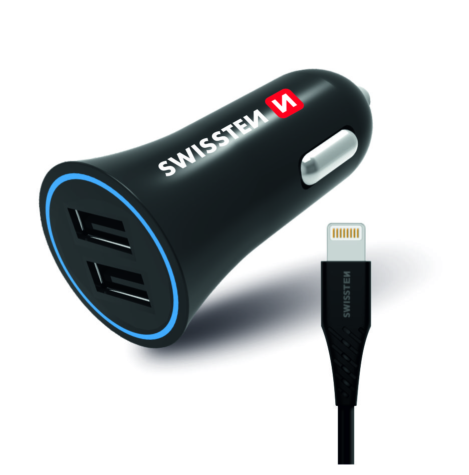 Swissten autonabíječka 2,4A napájení 2x USB + lightning kabel - adaptér do auta
