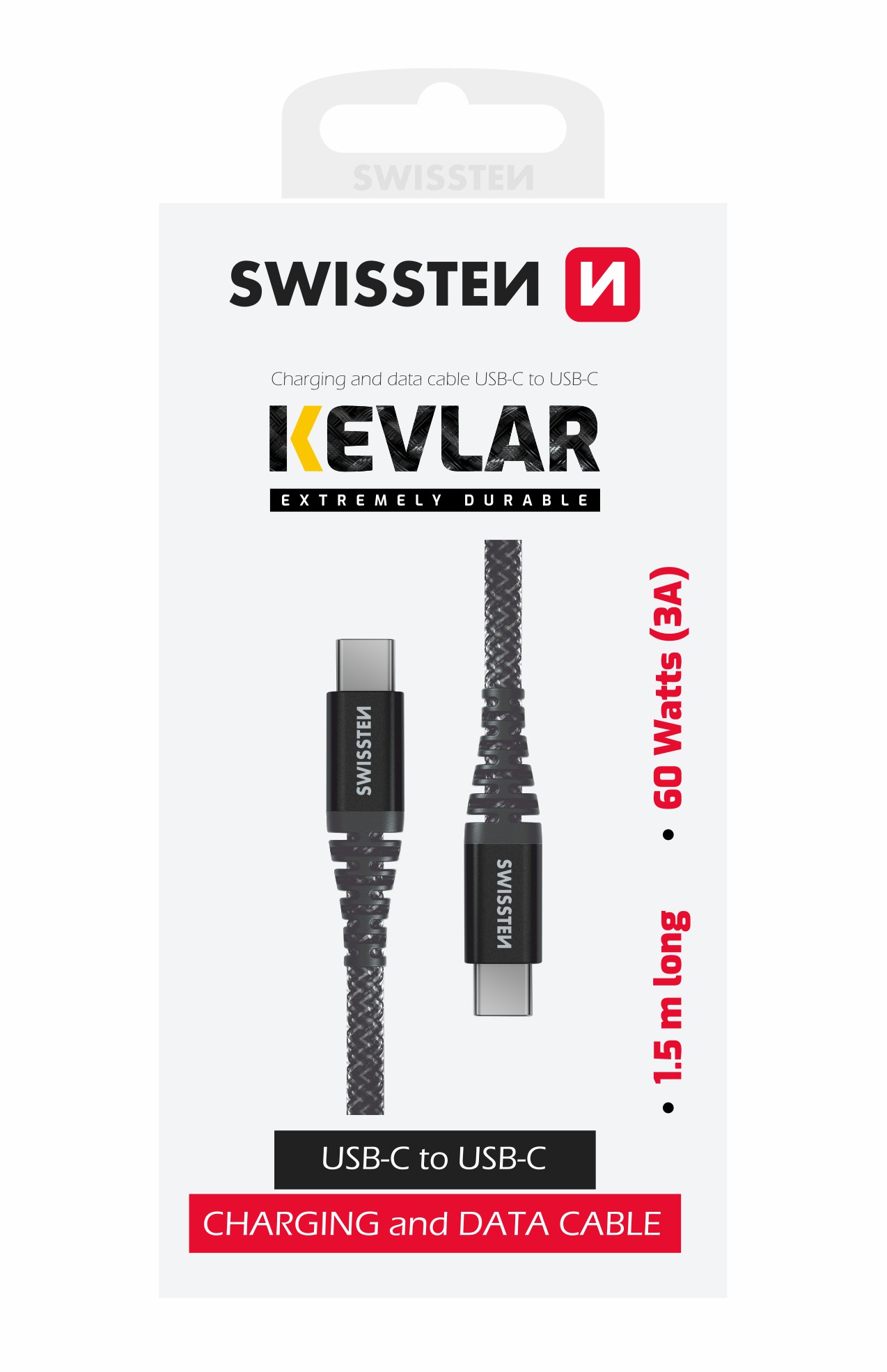 Swissten kevlarový datový kabel USB-C / USB-C 1.5 M antracitový