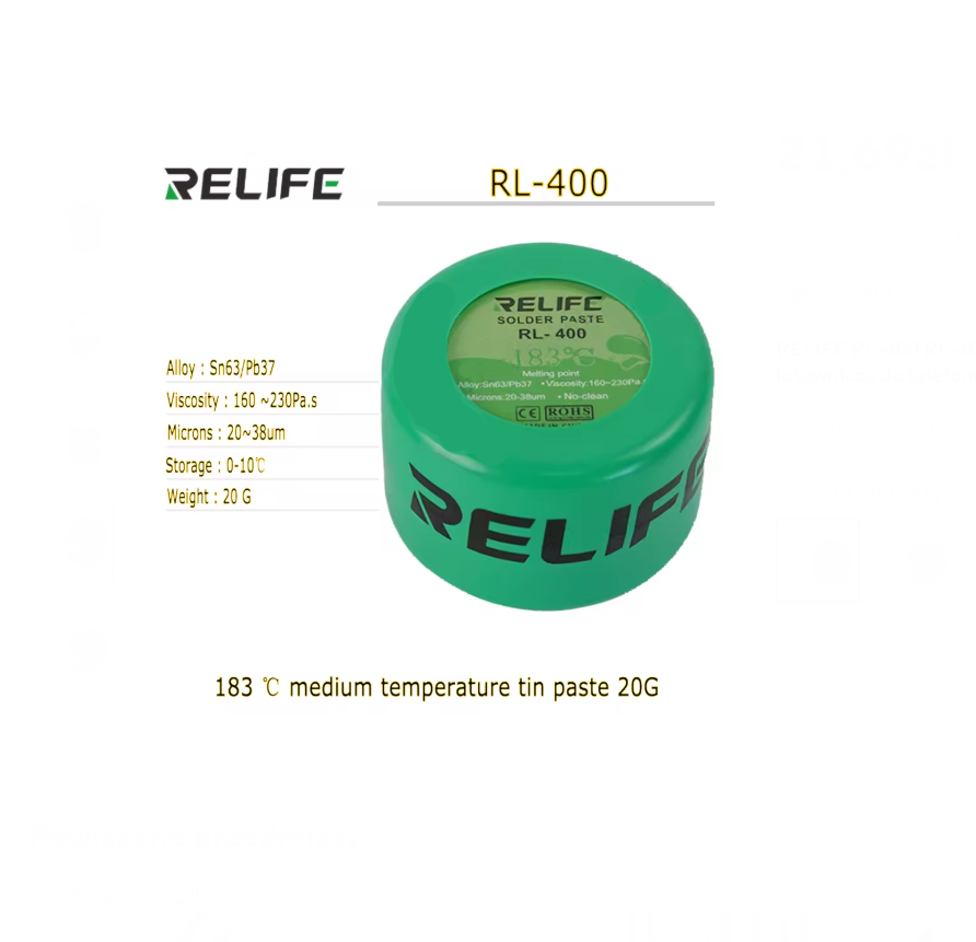 Olovnatá pájecí pasta RELIFE RL-400 s bodem tání 183°C - 20g