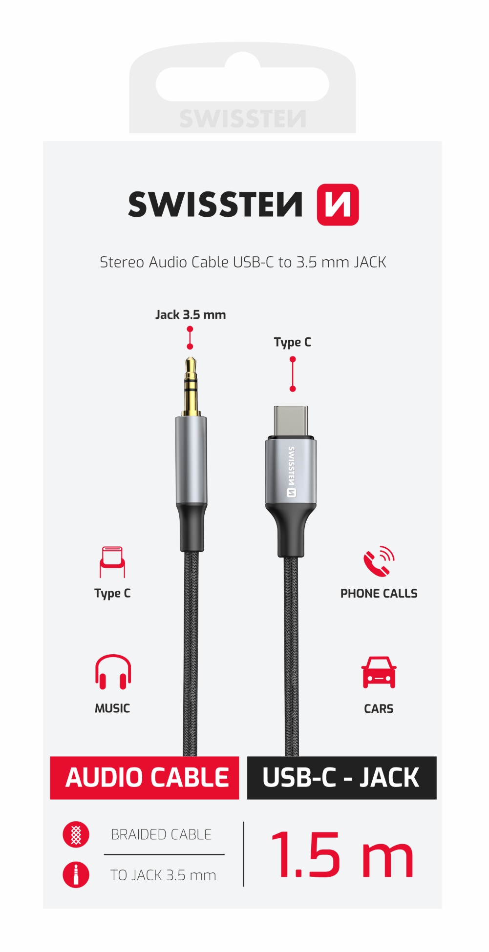 Swissten textilní audio kabel – adaptér USB-C - 3,5 mm Jack 1,5 m černý