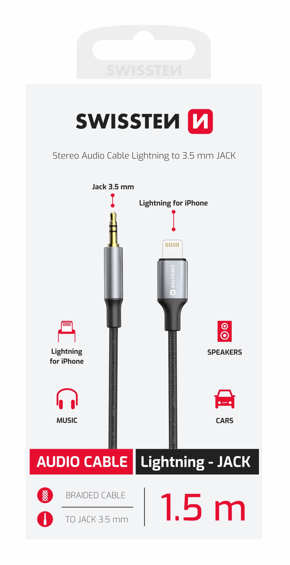Swissten audio kabel Lightning Jack 3,5mm textilní 1,5m