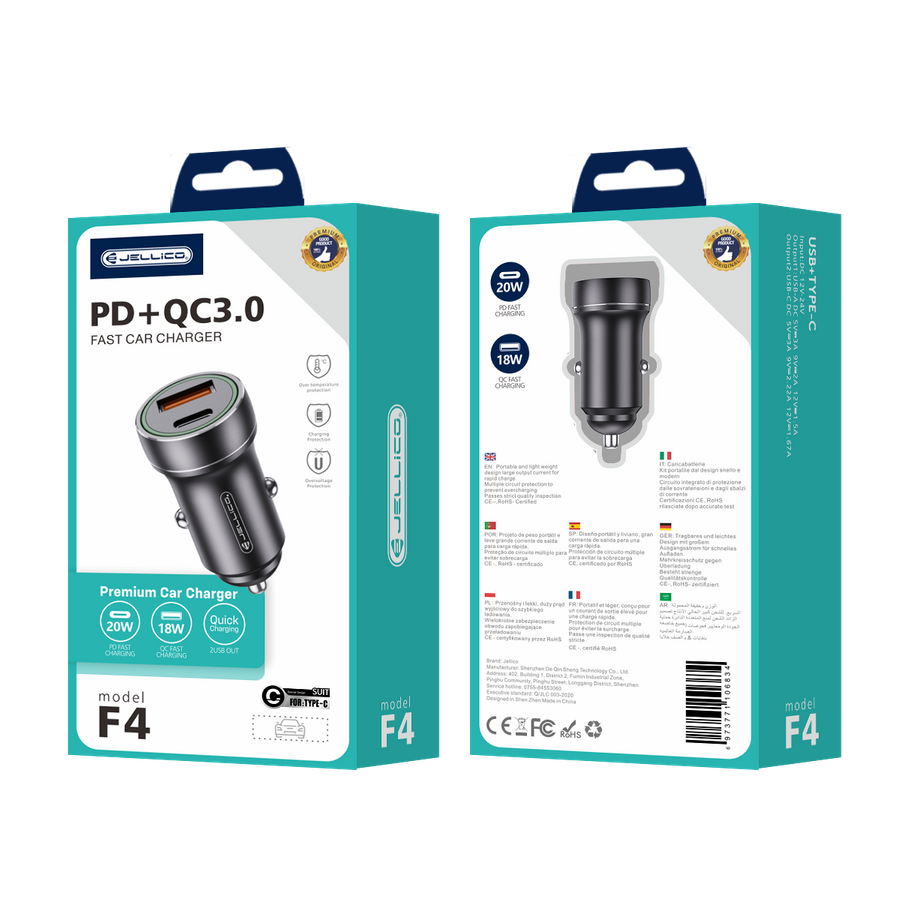 Jellico nabíječka do auta - F4 PD 20W 1x USB-C + 1x USB QC3.0 černá autonabíječka