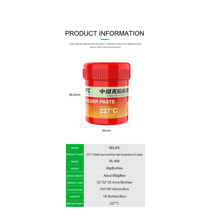 Relife R-406 Pájecí pasta bez halogenů s vysokým bodem tání 227°C