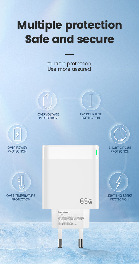 Jellico síťová nabíječka nabíječka C79 GaN PD 65W 2x USB-C + 1x USB QC3.0 bílá