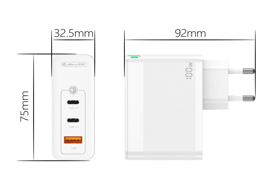 JELLICO síťová nabíječka C118 GaN PD 100W 2x USB-C + 1x USB QC3.0 bílá