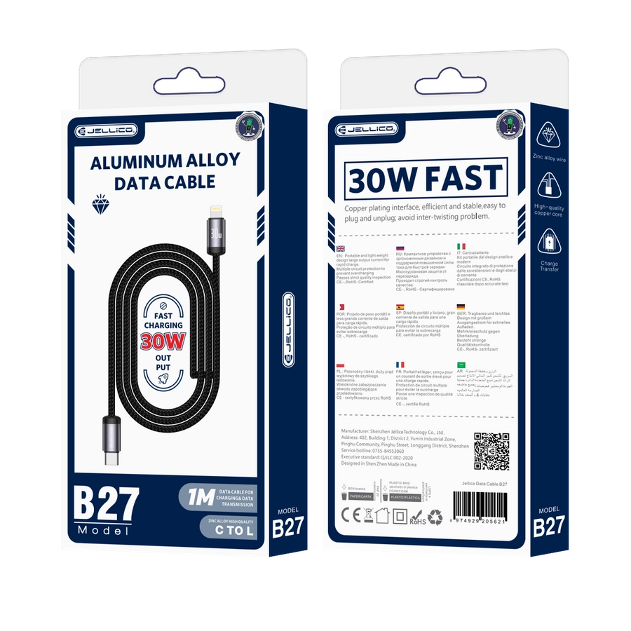 JELLICO kabel - B27 USB-C / Lightning 30W PD opletený 1m černý