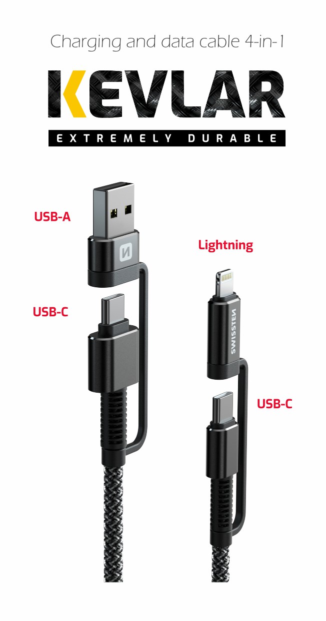 Swissten kevlarový kabel 4v1 USB + USB-C + Lightning 60W 3A 1,5m antracitový