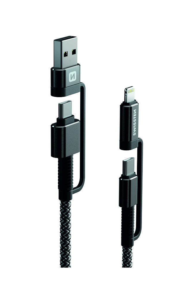 Swissten kevlarový kabel 4v1 USB + USB-C + Lightning 60W 3A 1,5m antracitový