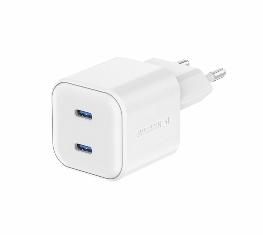 SWISSTEN GaN Síťová nabíječka 20w 2x USB-C kabel PD bílá