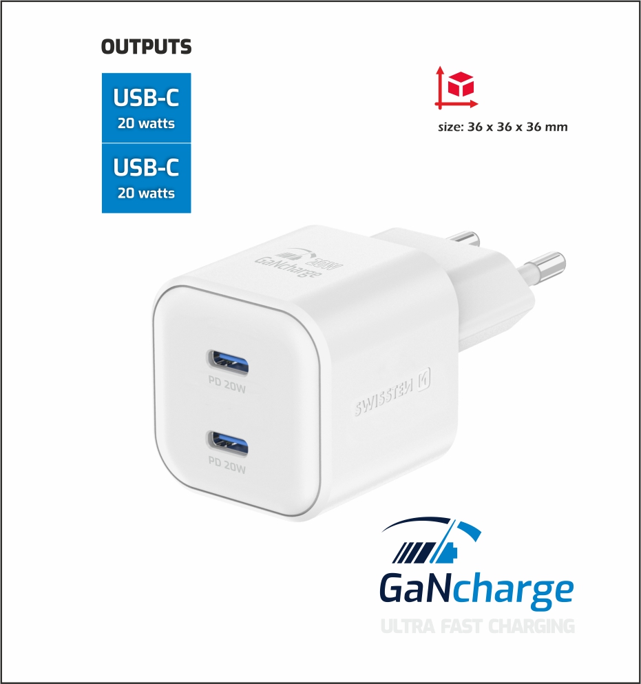 SWISSTEN GaN Síťová nabíječka 20w 2x USB-C kabel PD bílá