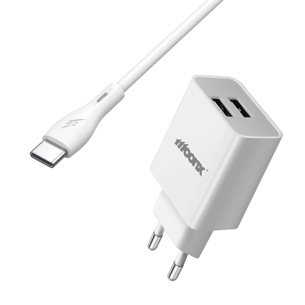 MOONX síťová nabíječka MC02 2.4A 12W 2xUSB + kabel USB-C bílá