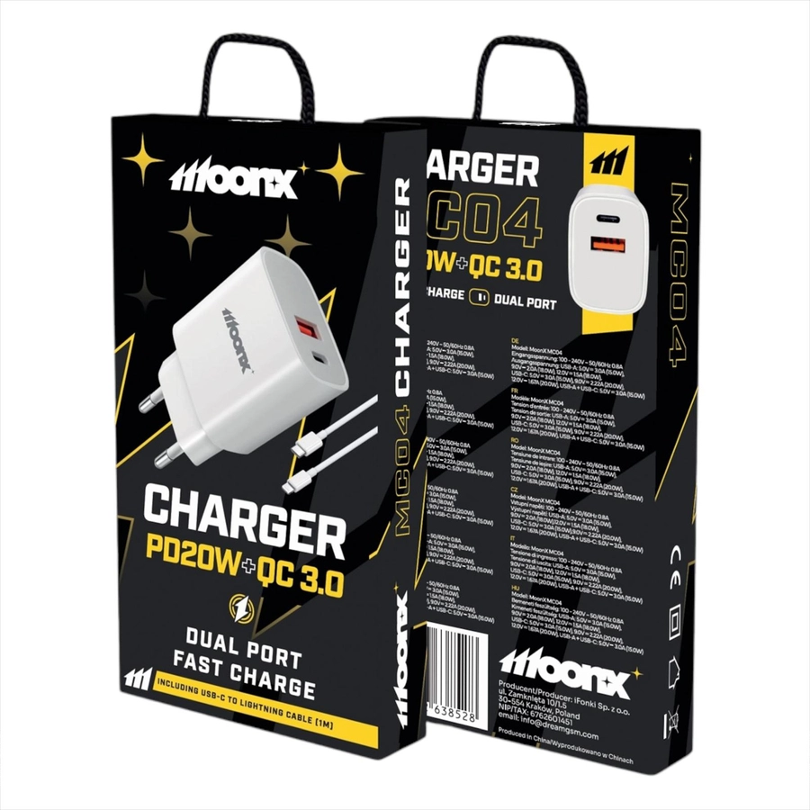 MOONX síťová nabíječka MC04 PD 20W 1xUSB-C + 1xUSB QC3.0 + kabel USB-C - USB-C bílá