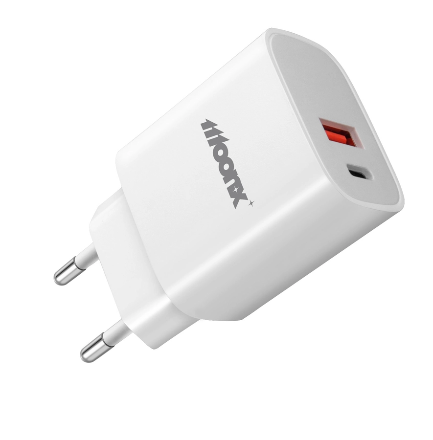 MOONX síťová nabíječka MC04 PD 20W 1xUSB-C + 1xUSB QC3.0 + kabel USB-C - Lightning bílá