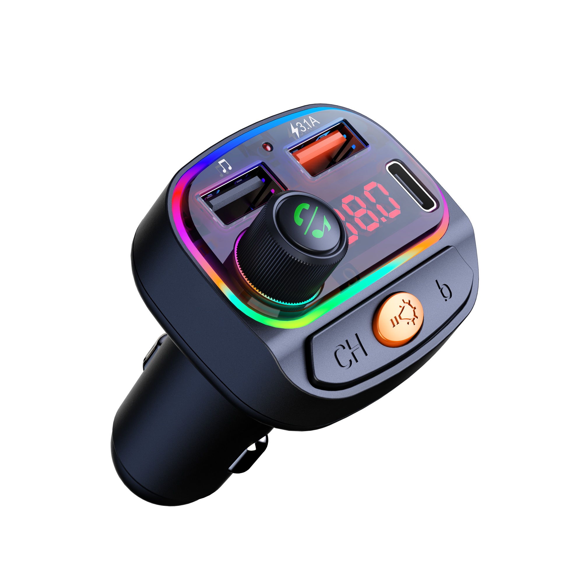 SWISSTEN RGB FM Transmiter Bluetooth 5.3 USB + USB-C– Autonabíječka, přehrávač a handsfree sada v jednom