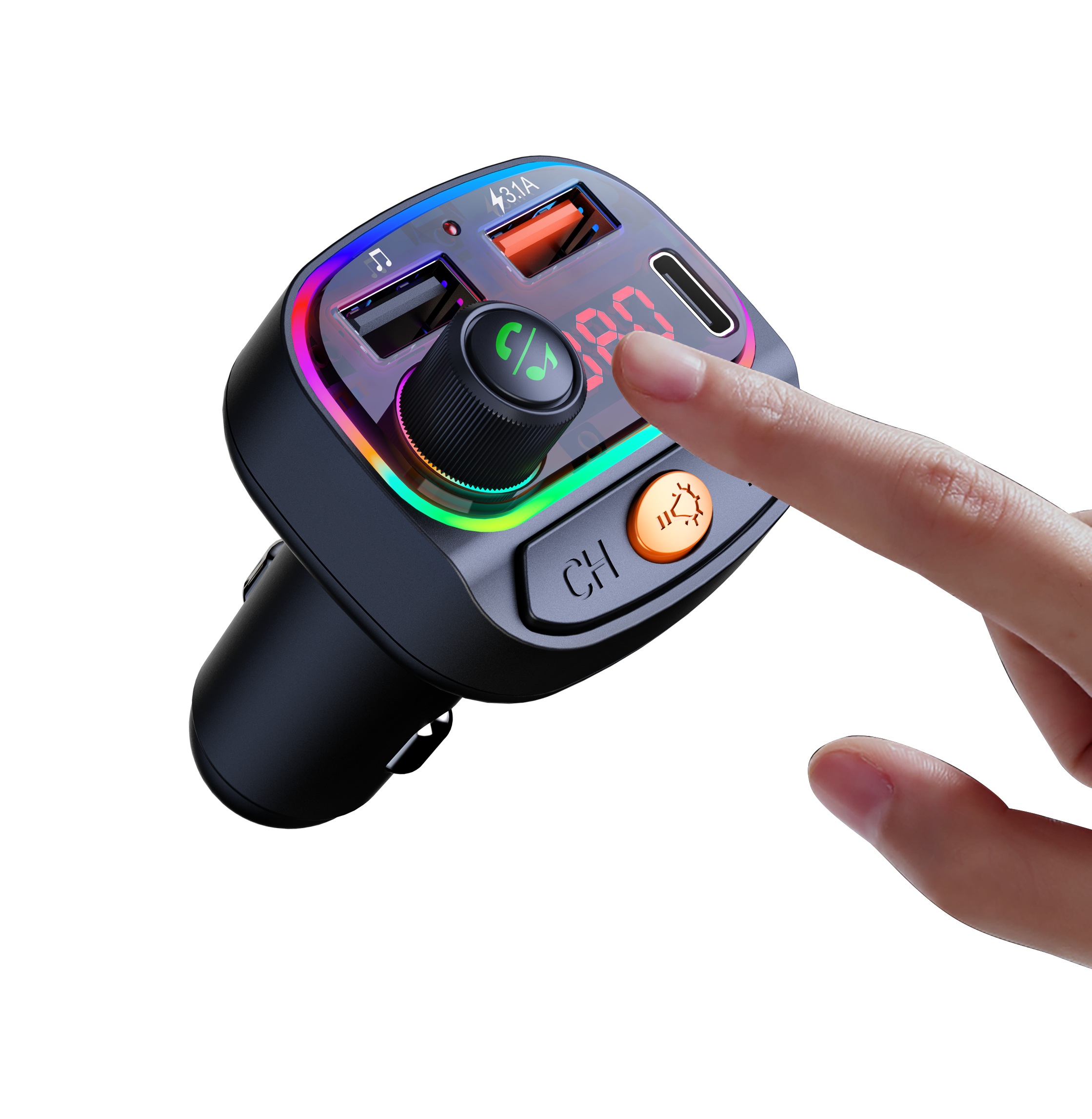 SWISSTEN RGB FM Transmiter Bluetooth 5.3 USB + USB-C– Autonabíječka, přehrávač a handsfree sada v jednom