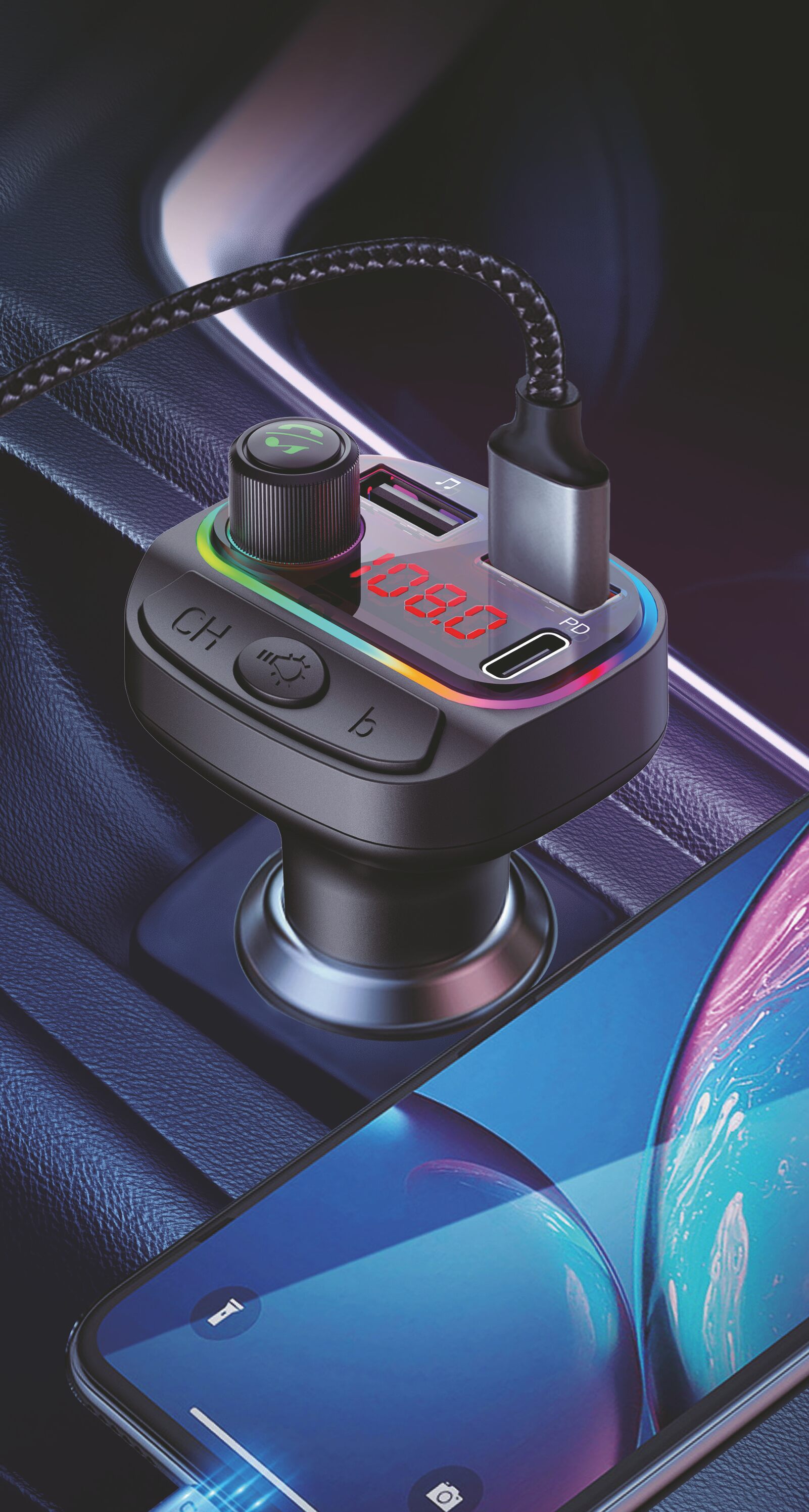 SWISSTEN RGB FM Transmiter Bluetooth 5.3 USB + USB-C– Autonabíječka, přehrávač a handsfree sada v jednom