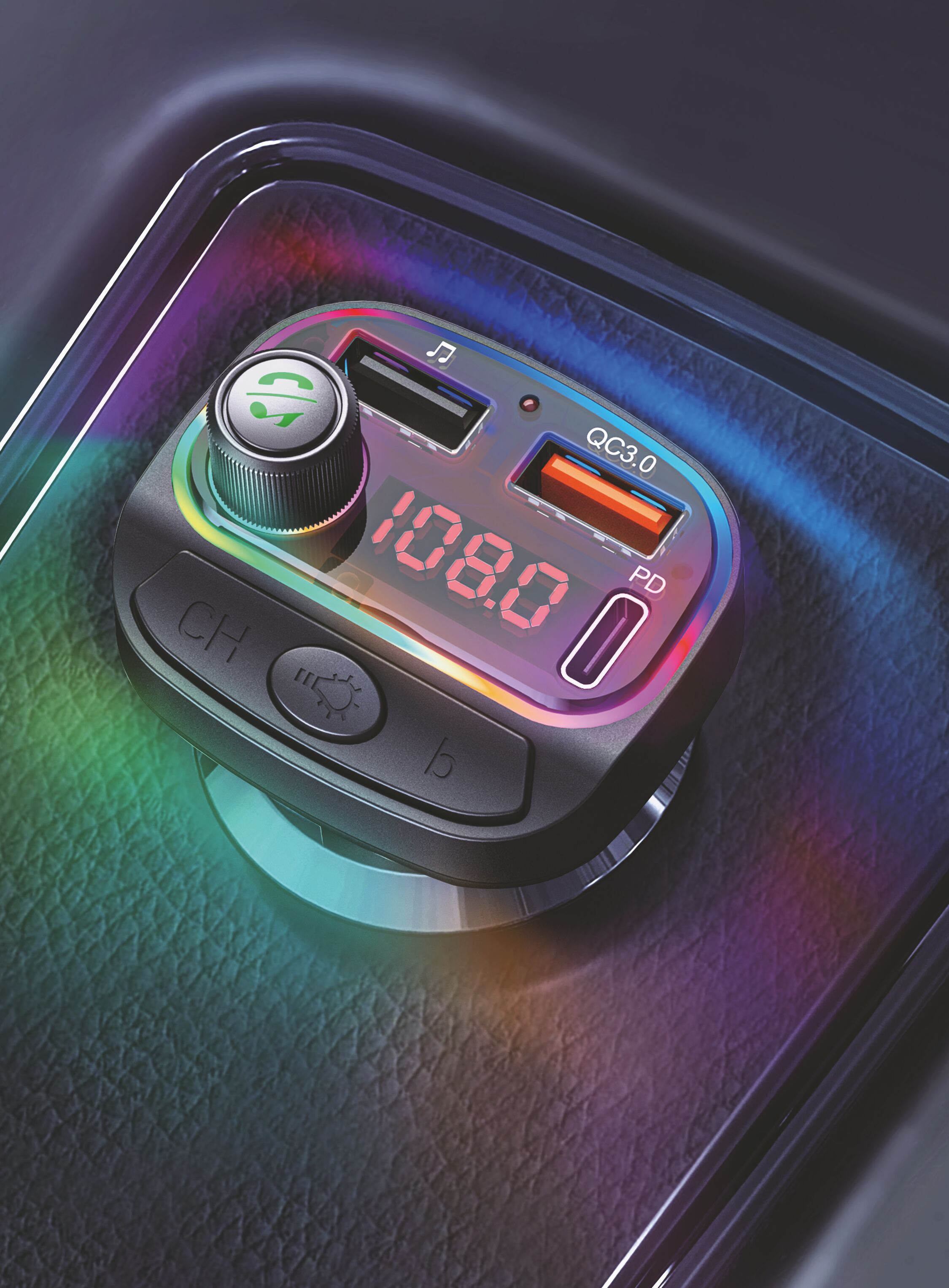 SWISSTEN RGB FM Transmiter Bluetooth 5.3 USB + USB-C– Autonabíječka, přehrávač a handsfree sada v jednom