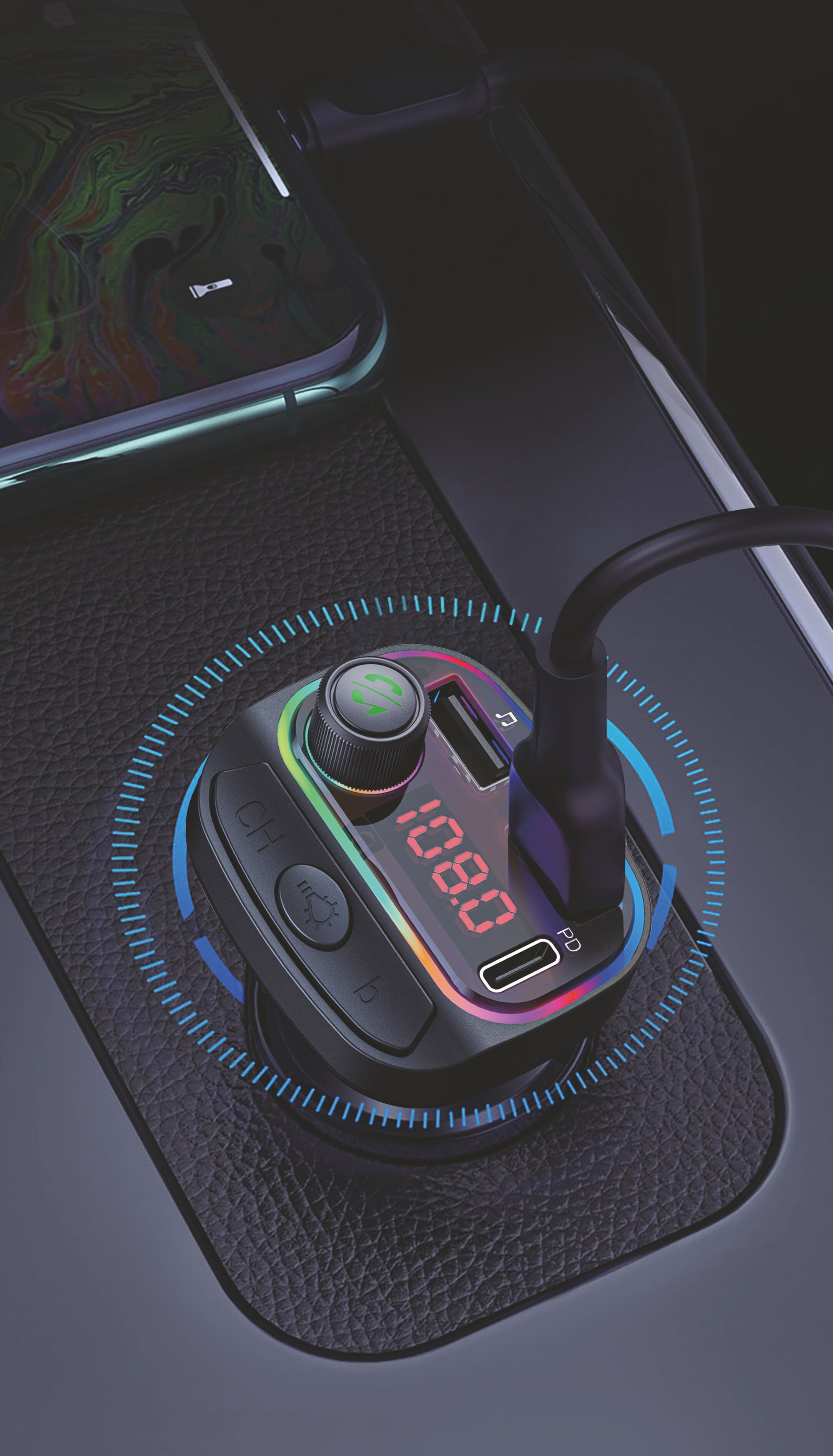 SWISSTEN RGB FM Transmiter Bluetooth 5.3 USB + USB-C– Autonabíječka, přehrávač a handsfree sada v jednom