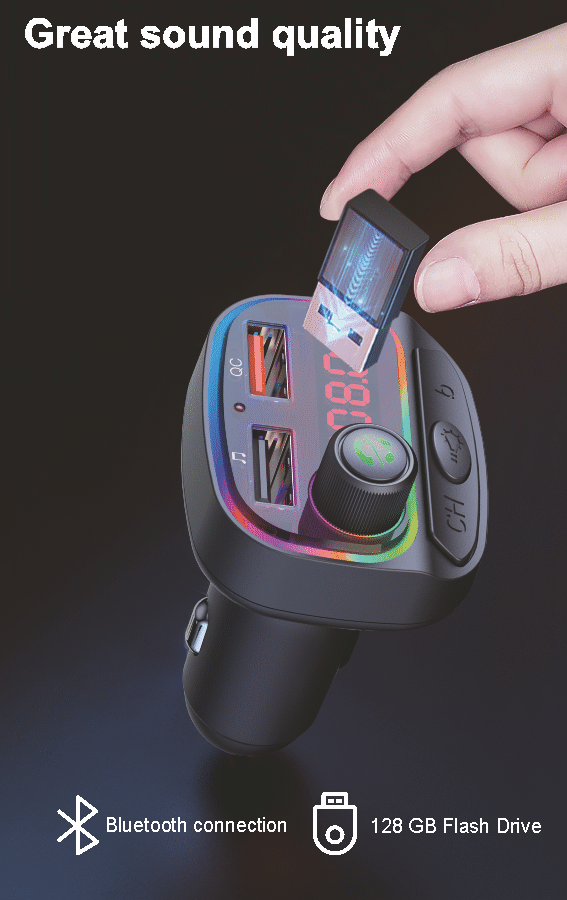 SWISSTEN RGB FM Transmiter Bluetooth 5.3 USB + USB-C– Autonabíječka, přehrávač a handsfree sada v jednom