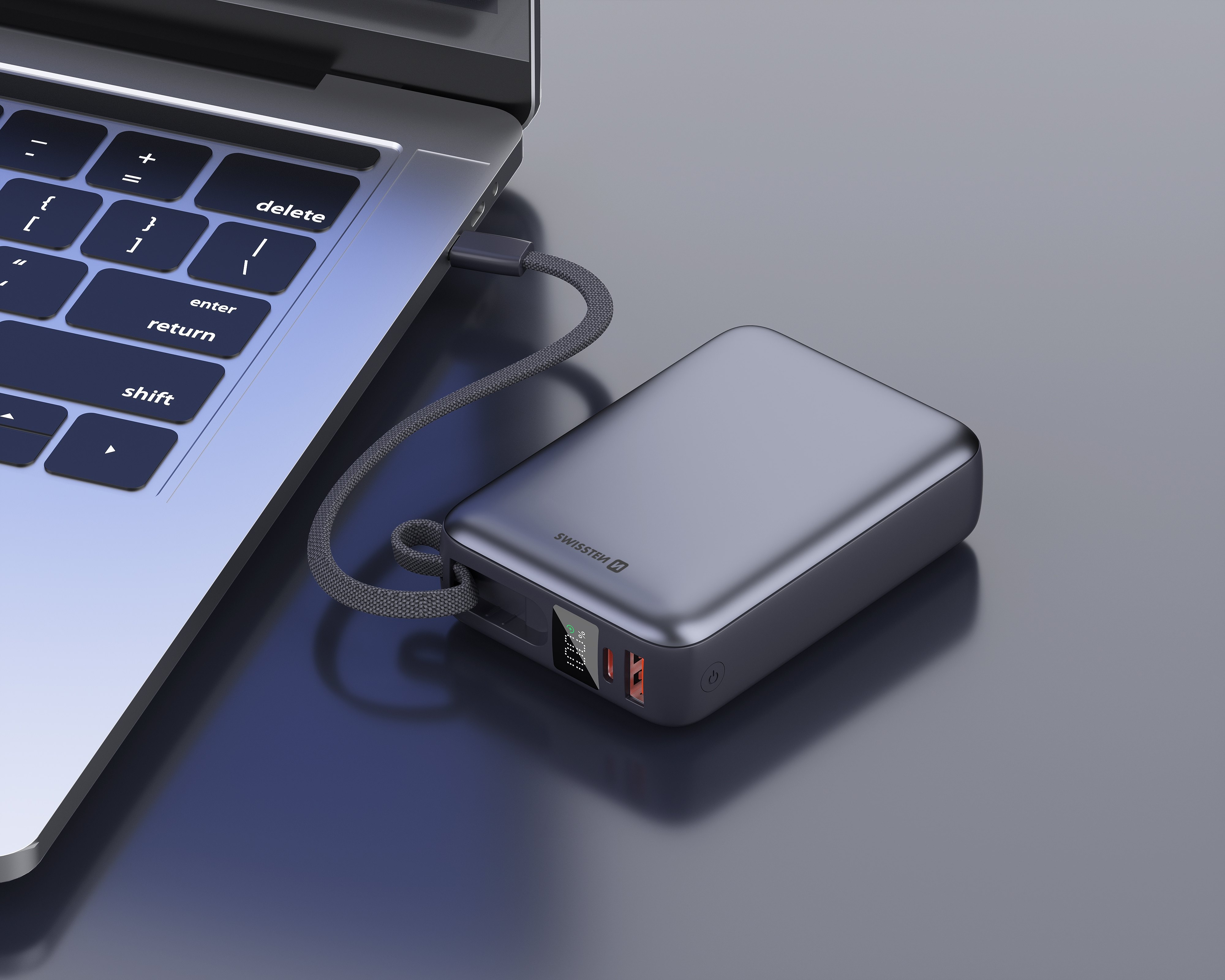 SWISSTEN Powerbanka 20 000 mAh 45W s integrovaným USB-C kabelem černá