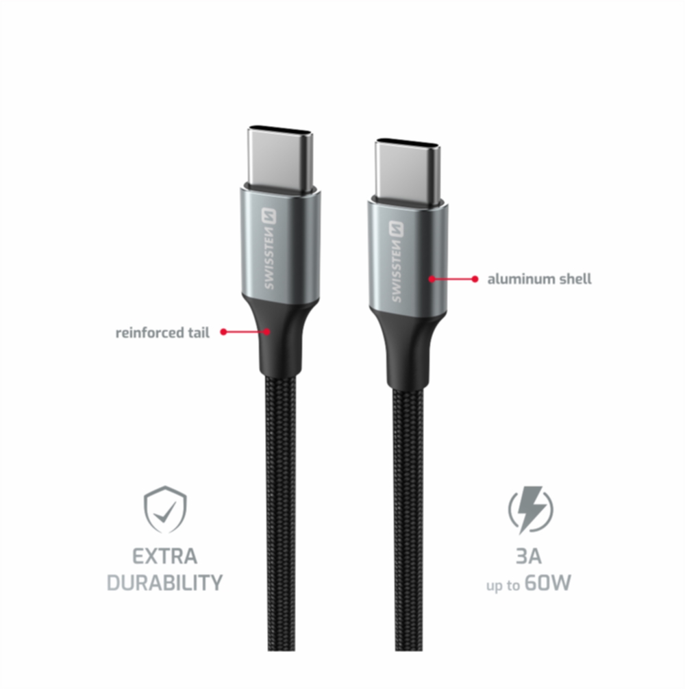 Swissten USB kabel USB-C - USB-C 3A 60W 1,5m Textile II černý