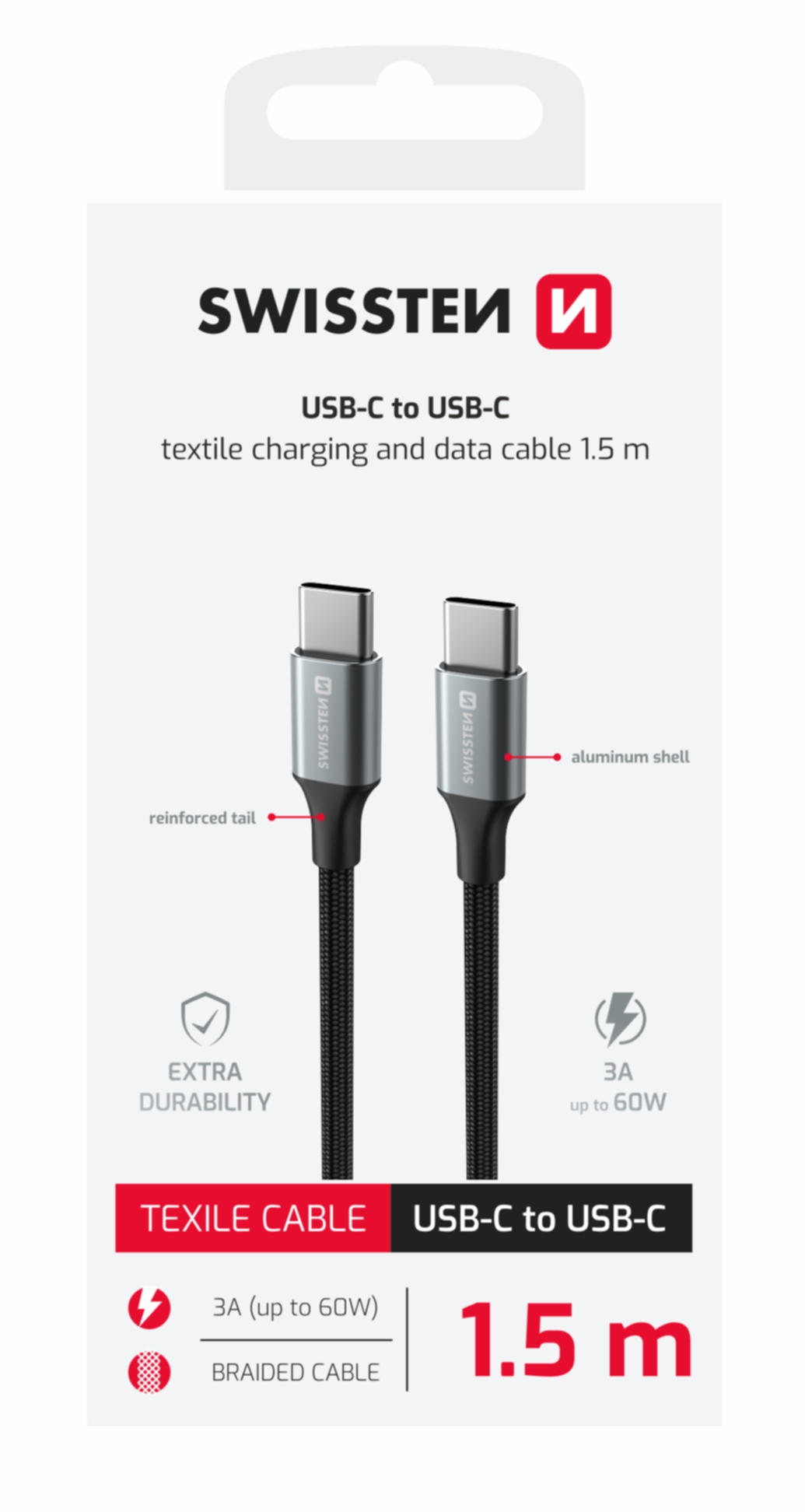 Swissten USB kabel USB-C - USB-C 3A 60W 1,5m Textile II černý