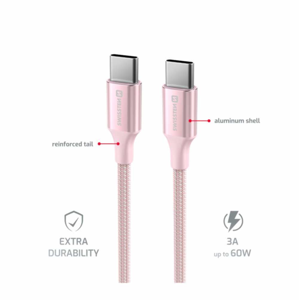 Swissten USB kabel USB-C - USB-C 3A 60W 1,5m Textile II růžový
