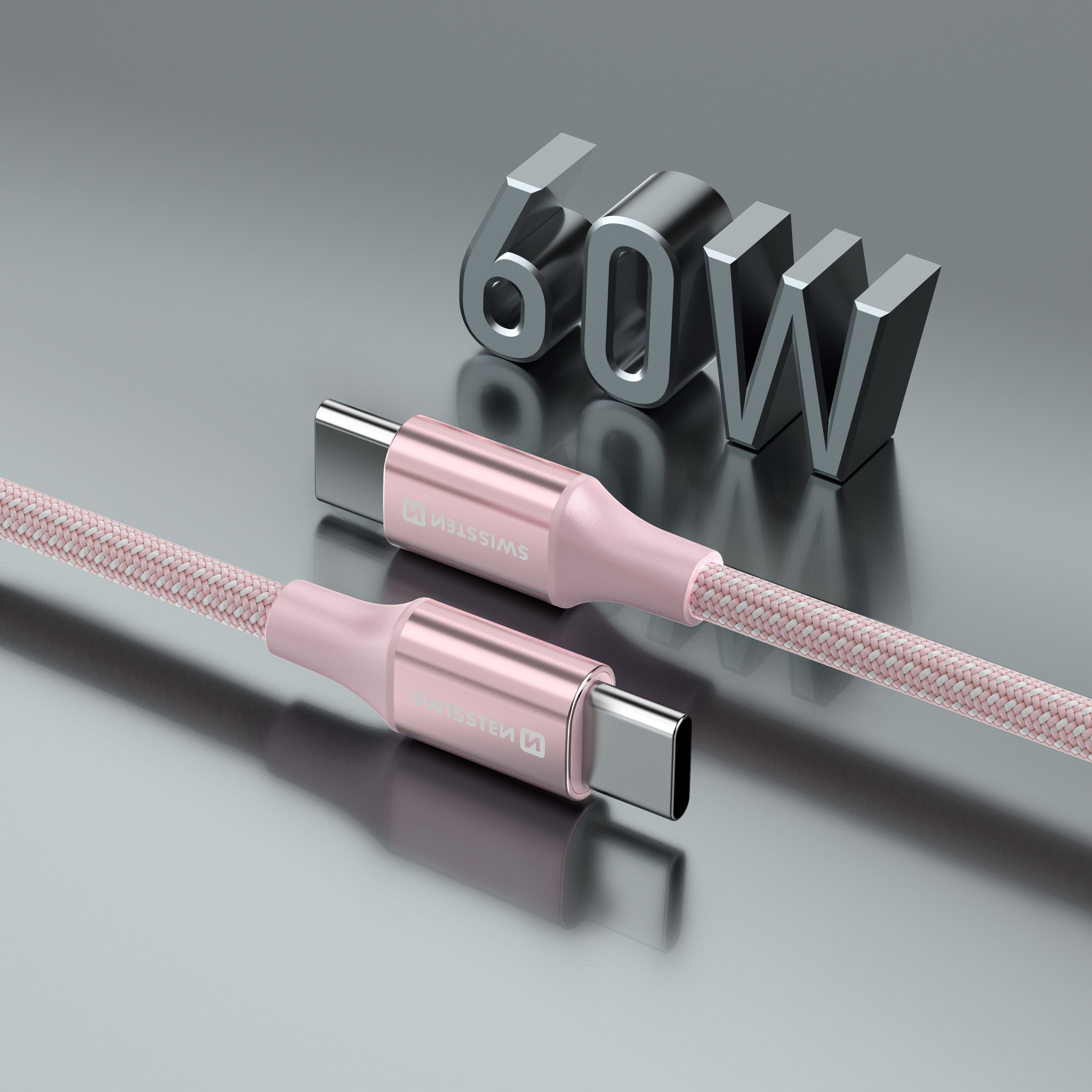 Swissten USB kabel USB-C - USB-C 3A 60W 1,5m Textile II růžový