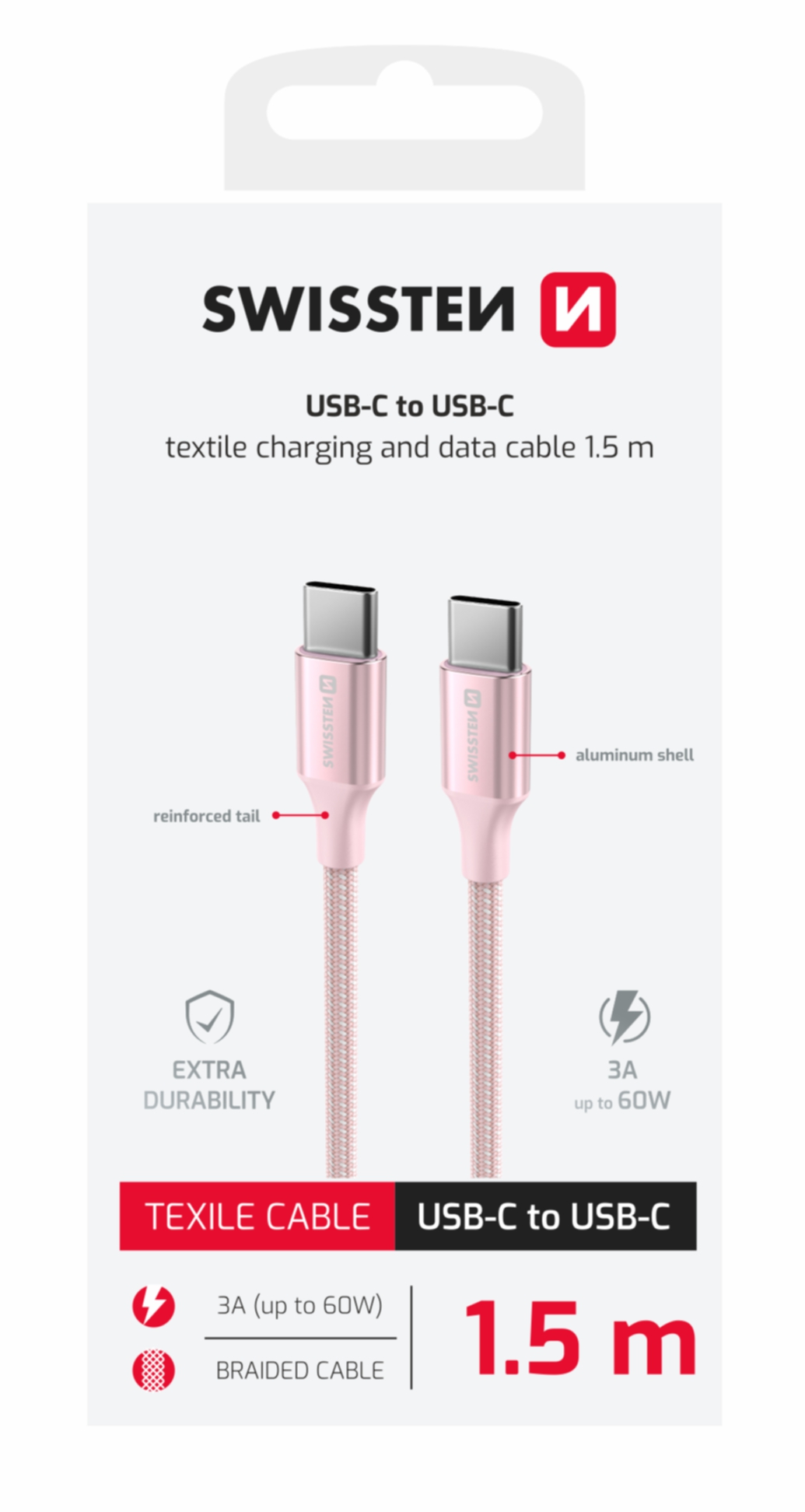 Swissten USB kabel USB-C - USB-C 3A 60W 1,5m Textile II růžový