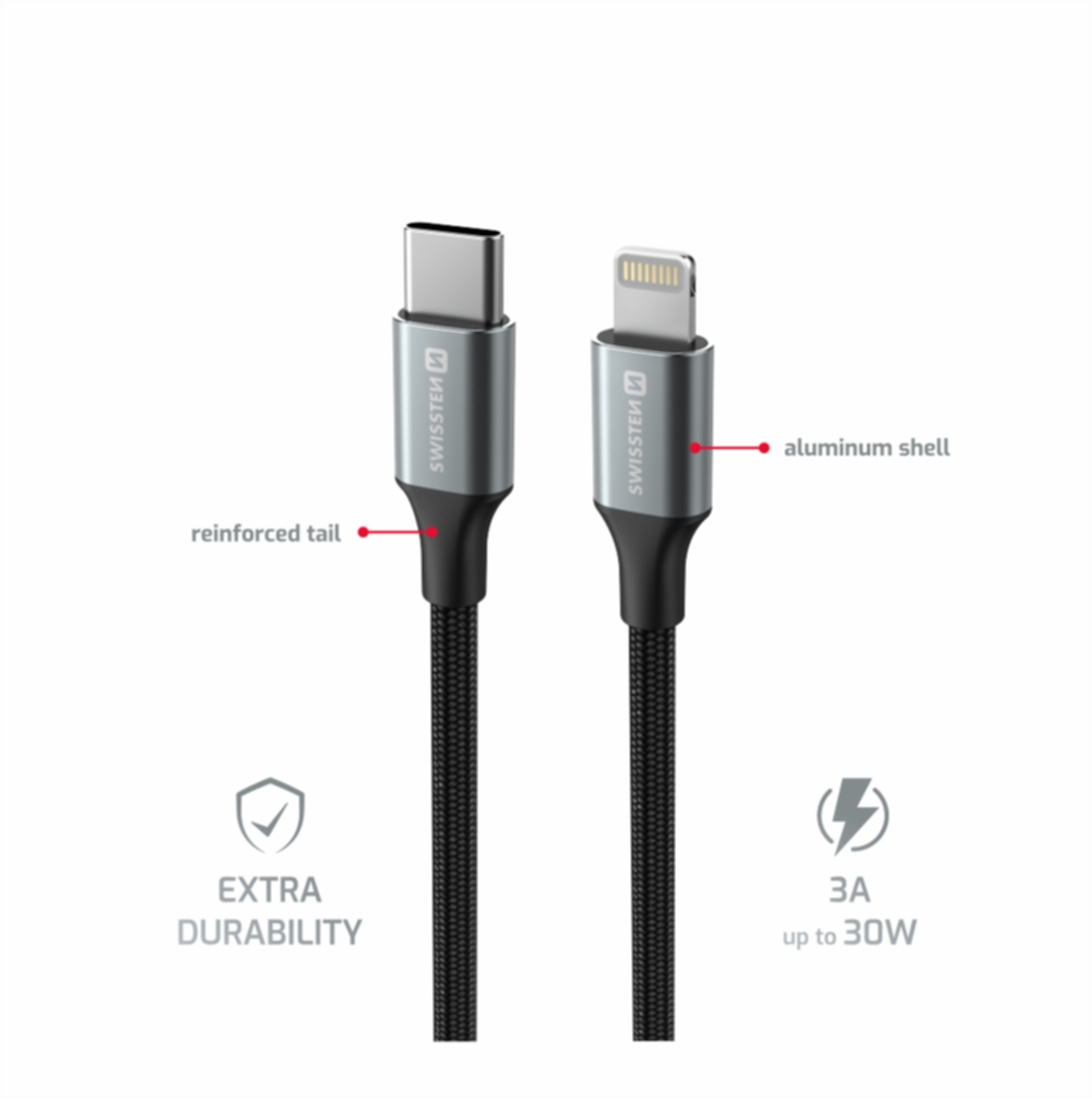 Swissten USB Kabel USB-C - Lightning 3A 30W 1,5 m Opletený Textile II černý
