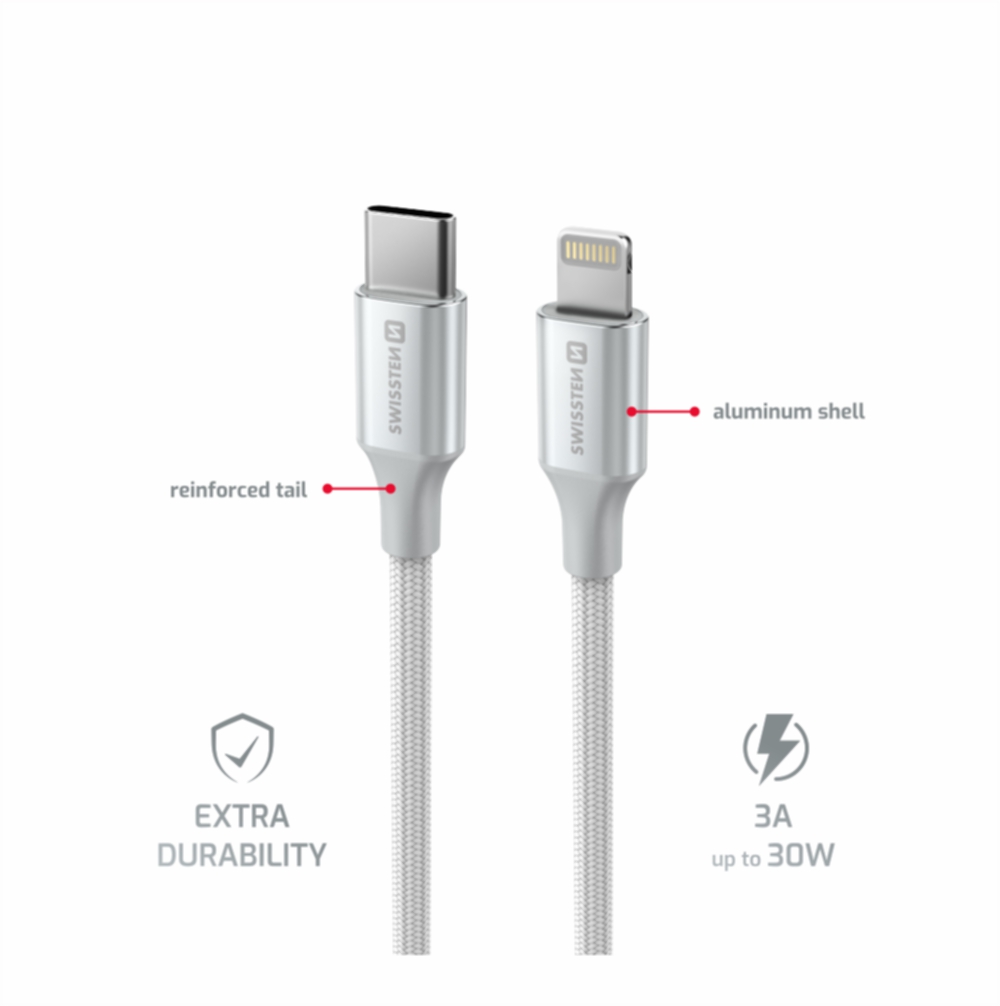 Swissten USB Kabel USB-C - Lightning 3A 30W 1,5 m Opletený Textile II bílý