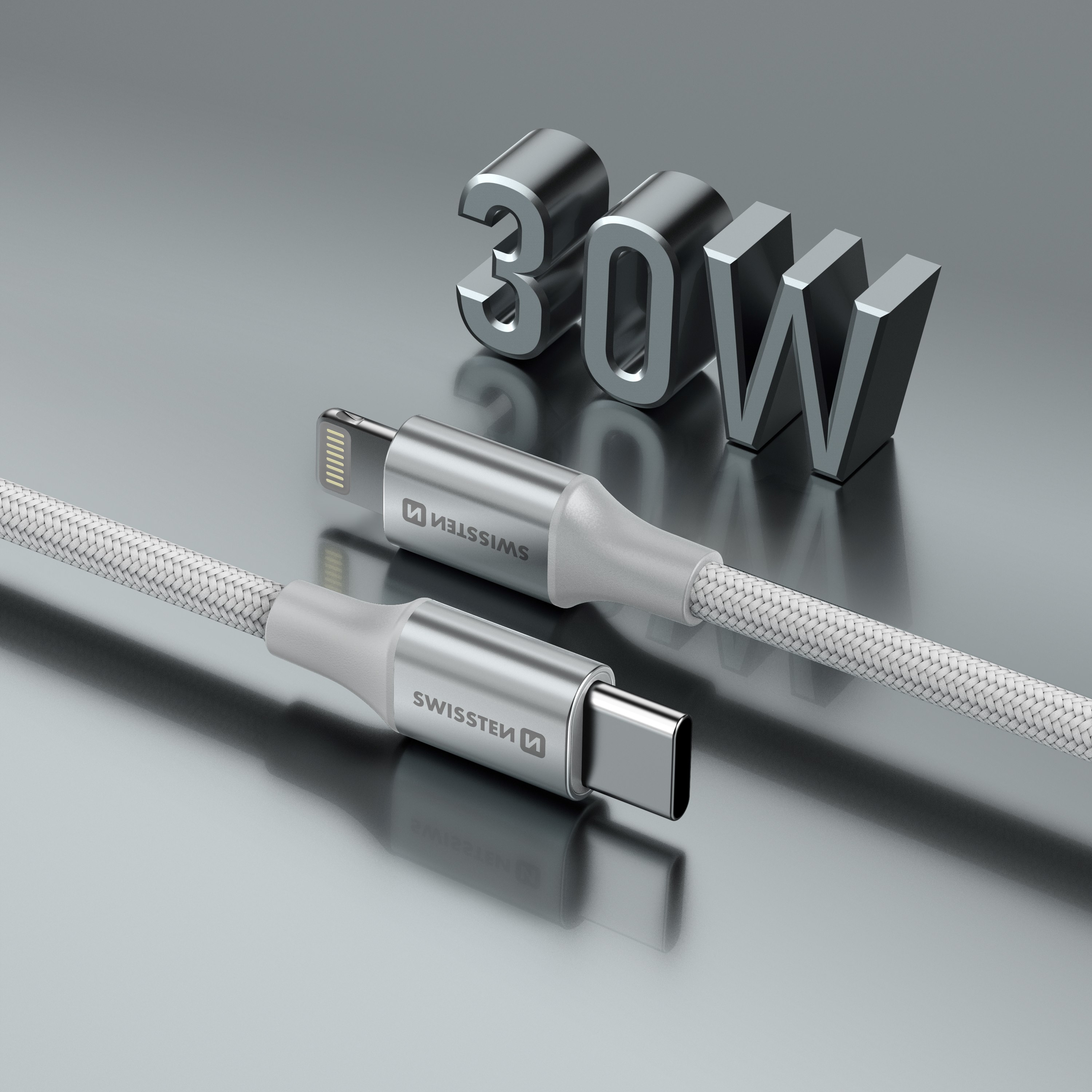 Swissten USB Kabel USB-C - Lightning 3A 30W 1,5 m Opletený Textile II bílý