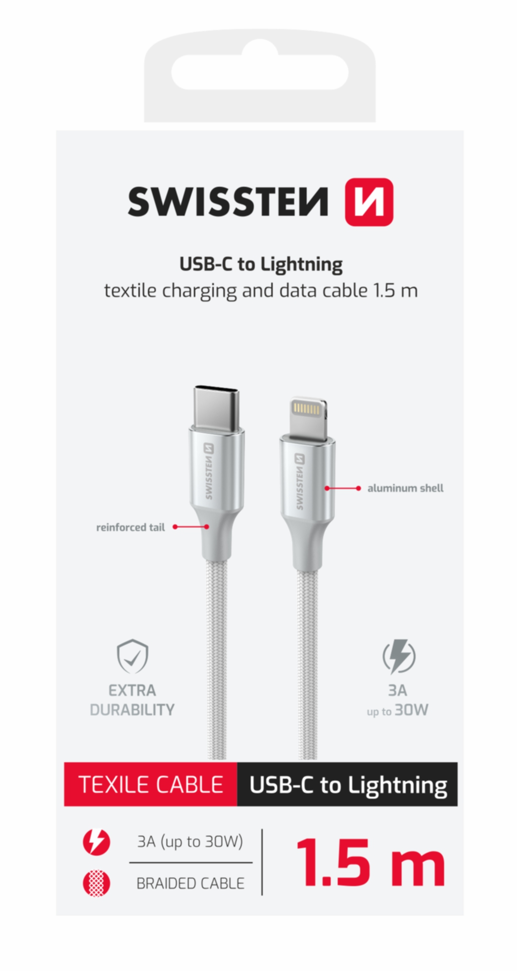 Swissten USB Kabel USB-C - Lightning 3A 30W 1,5 m Opletený Textile II bílý