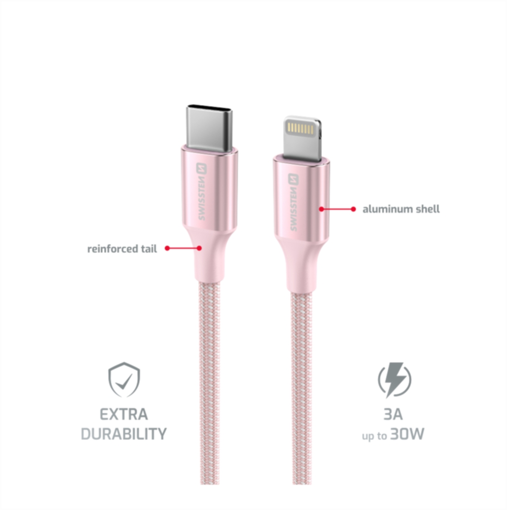Swissten USB Kabel USB-C - Lightning 3A 30W 1,5 m Opletený Textile II růžový