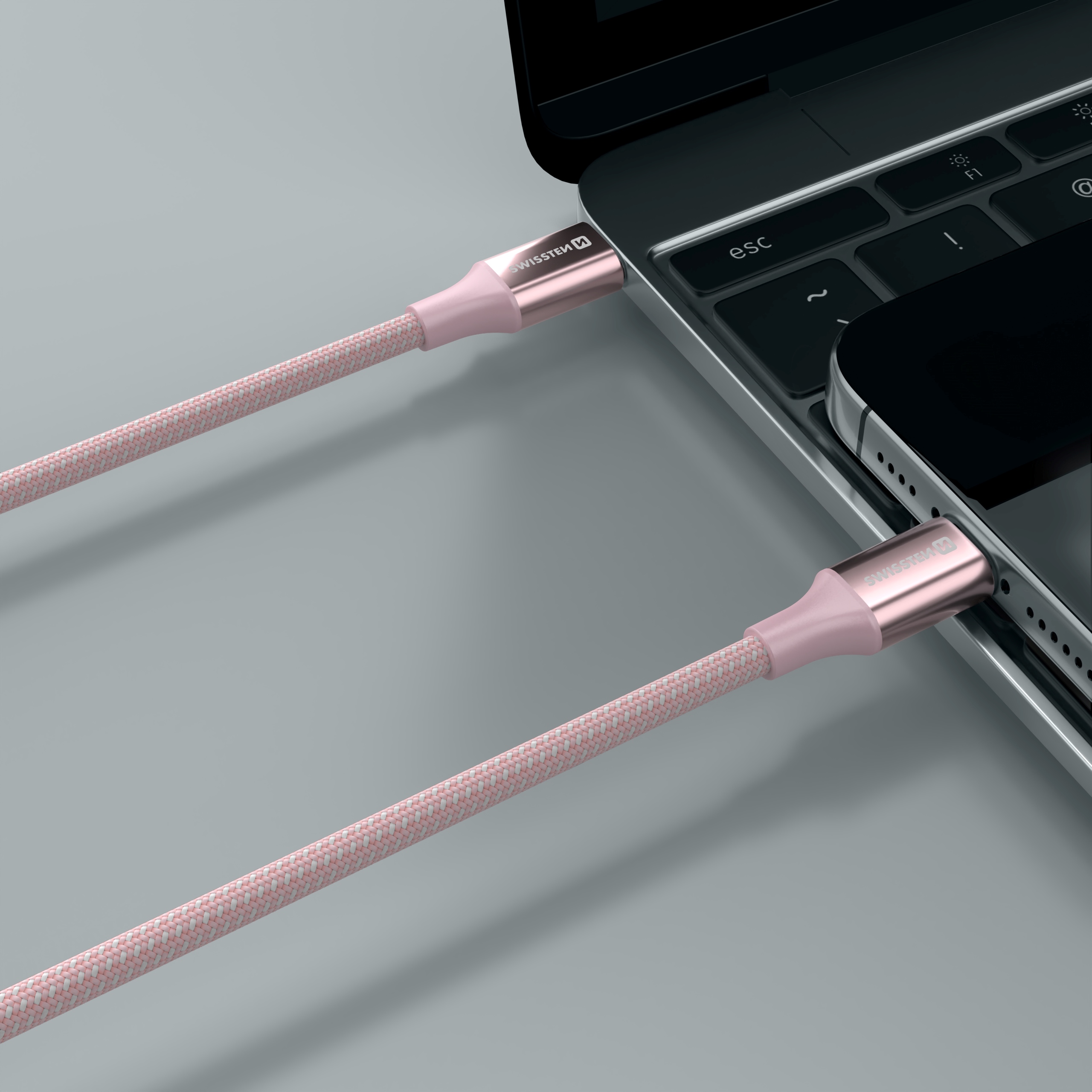 Swissten USB Kabel USB-C - Lightning 3A 30W 1,5 m Opletený Textile II růžový