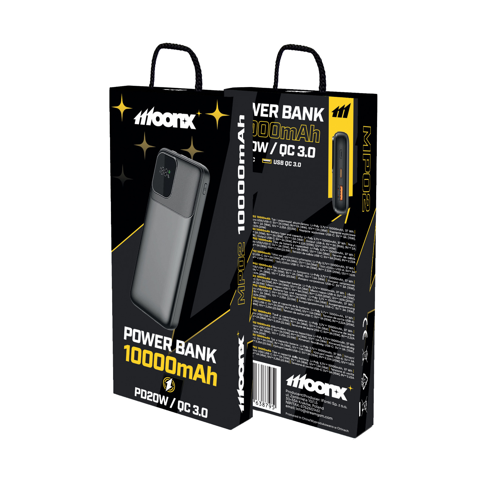 MOONX powerbanka MP02 PD 20W 1xUSB-C + 1xUSB QC3.0 22.5W 10000mAh černá