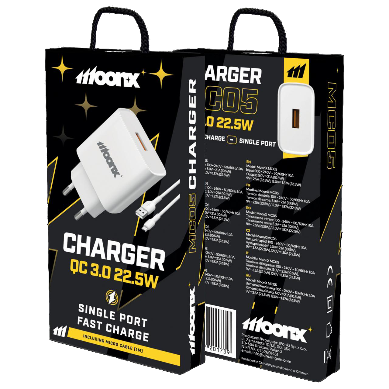 MOONX síťoví nabíječka MC05 22,5 W 1x USB QC3.0 + Micro kabel bílá