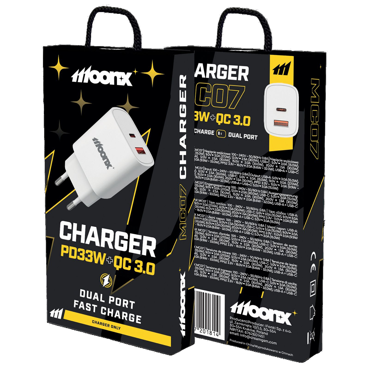MOONX MC07 síťová nabíječka 1xUSB-C + 1xUSB QC3.0 bílá PD 33W
