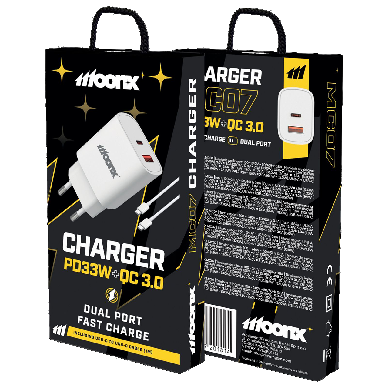 MOONX MC07 síťová nabíječka 1xUSB-C + 1xUSB QC3.0 + kabel USB-C - USB-C bílá PD 33W